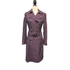 Burberry London Belted Tweed Coat Purple Double Breasted Cotton Blend‎ UK 6 US 4